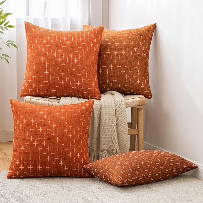 MIULEE Pack of 2 Decorative Burlap Linen Throw Pillow Covers Modern Farmhouse Pillowcase Rustic Woven Textured Cushion Cover for Sofa Couch Bed 12x20 Inch Rust