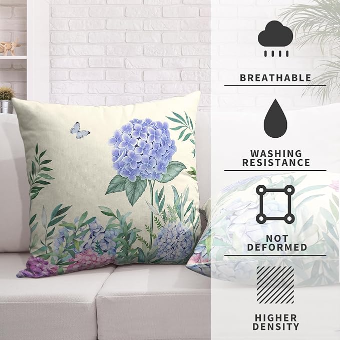 Spring Summer Flower Decorative Pillow Covers Pink and Blue Hydrangea Pillow Case 16x16 Floral Butterfly Cotton Linen Square Cushion Case for Sofa Patio Car 2 Pack