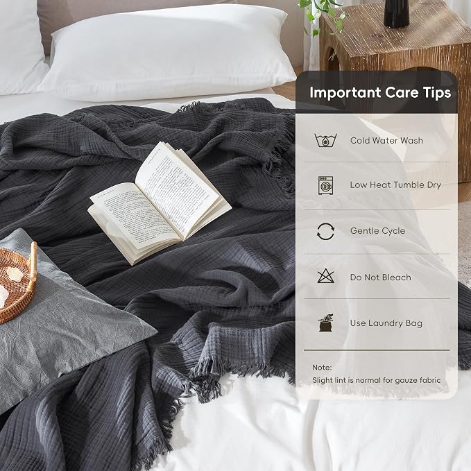 MooMee Muslin Blanket - 100% Cotton 4-Layer Gauze Throw Blanket with All-Around Fringe, Soft Breathable Lightweight Cooling Summer Blankets for Bed Couch (Dark Grey,Throw 60" x 50")