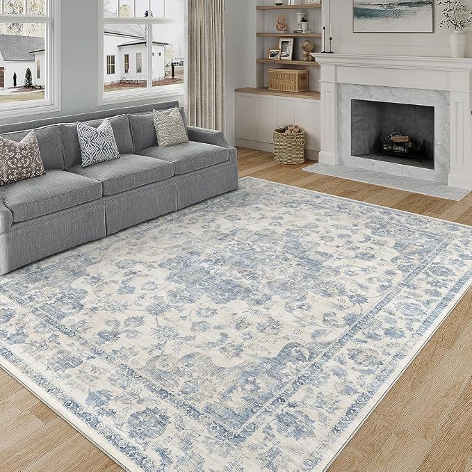 10x14 Neutral Area Rug Blue Vintage Living Room Bedroom Washable Carpet Non-Slip Soft Low Pile Farmhouse Indoor Large Throw Rug for Dining Room Office