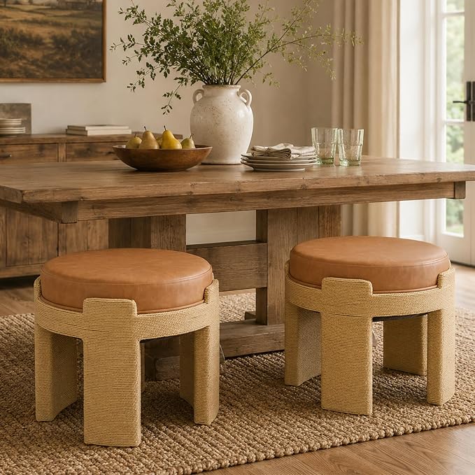 Round Ottoman Set of 2, Boho Hand-Woven Rope Upholstered Ktichen Vanity Chairs Accent Stool Fully Assembled for Bedroom Living Room, Brown Leather