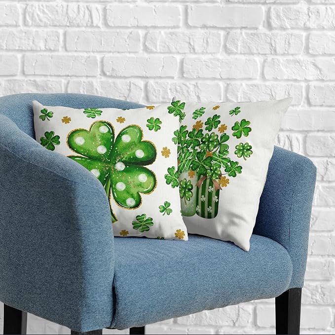 Pack of 2 Saint Patricks Day Decorative Pillow Covers Polka Dot Gold Green Shamrock Pillow Cases 24x24 Lucky Clover Vase Throw Pillow Covers for Spring Holiday St Patrick Decor