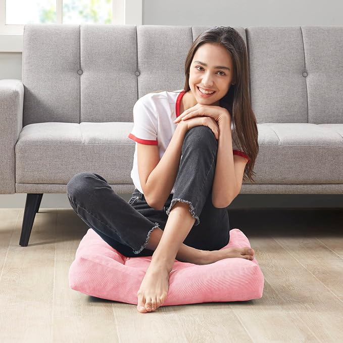 Meditation Floor Pillow Pink, Square Large Pillows Seating for Adults and Teens, Tufted Corduroy Cushion for Living Room Tatami, 22x22 Inch, 1 Count (Pack of 1)