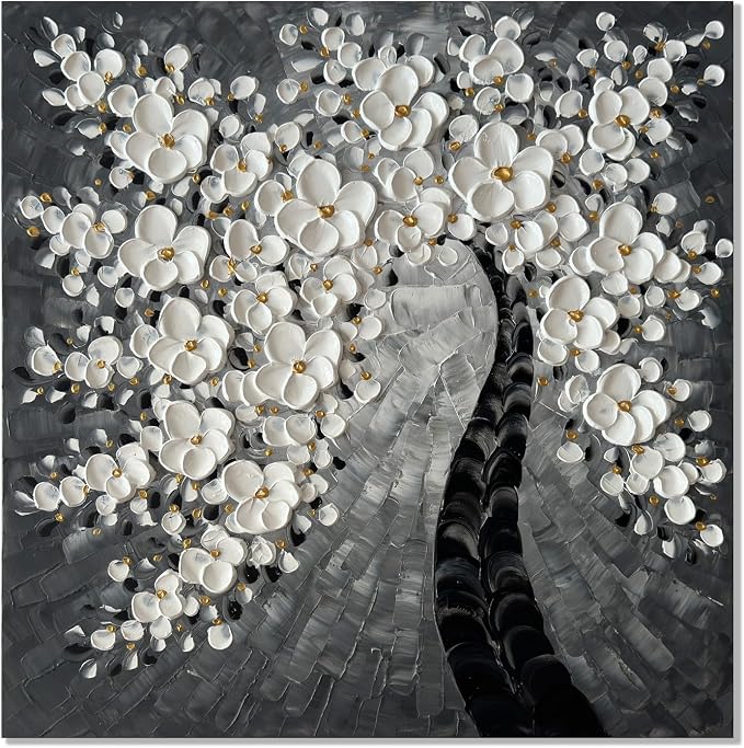 zoinart Hand Paintings 3D Floral Canvas Wall Art 24x24 Inches Abstract Floral Paintings Modern Contemporary Texture Wall Art Tree Black and White Artwork for Home Decorations