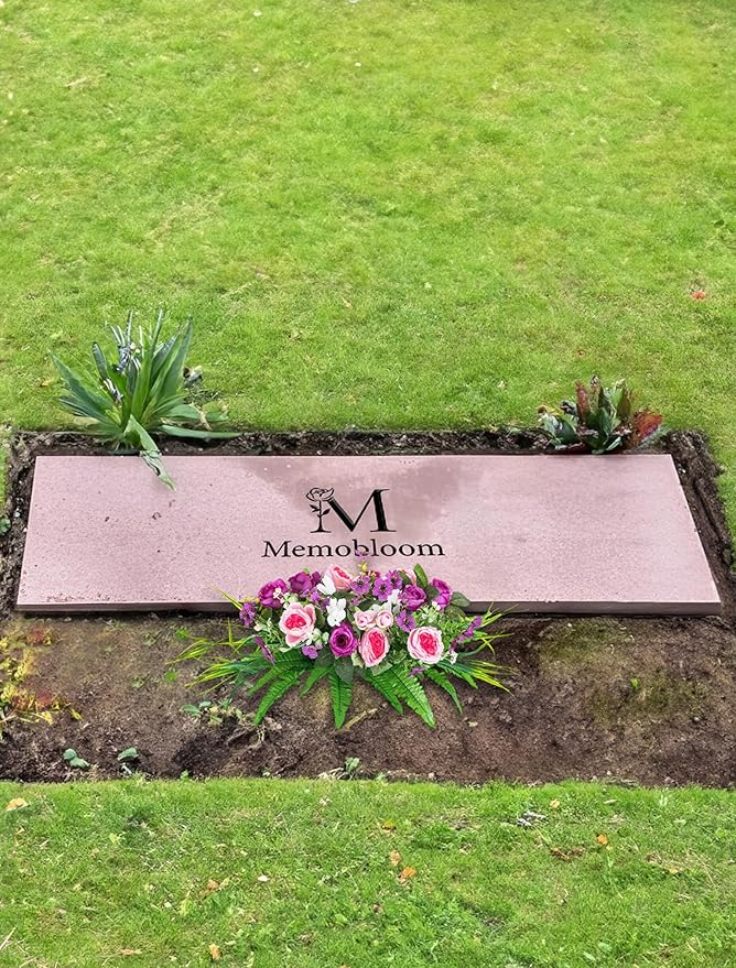 Artificial Cemetery Flowers with Stake: 1Pc Purple Roses Pink Peonies Realistic Memorial Day Grave Flowers for Cemetery - Outdoor Grave Decorations Funeral Arrangements