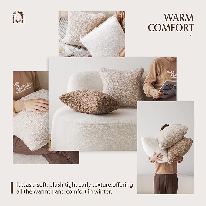 Foindtower Set of 2 Curly Teddy Wool Faux Fur Pillow Covers Decorative Boucle Textured Lumbar Throw Pillow Oblong Accent Pillowcases Sheepskin Cushion Case for for Chair and Couch 12"x20" White
