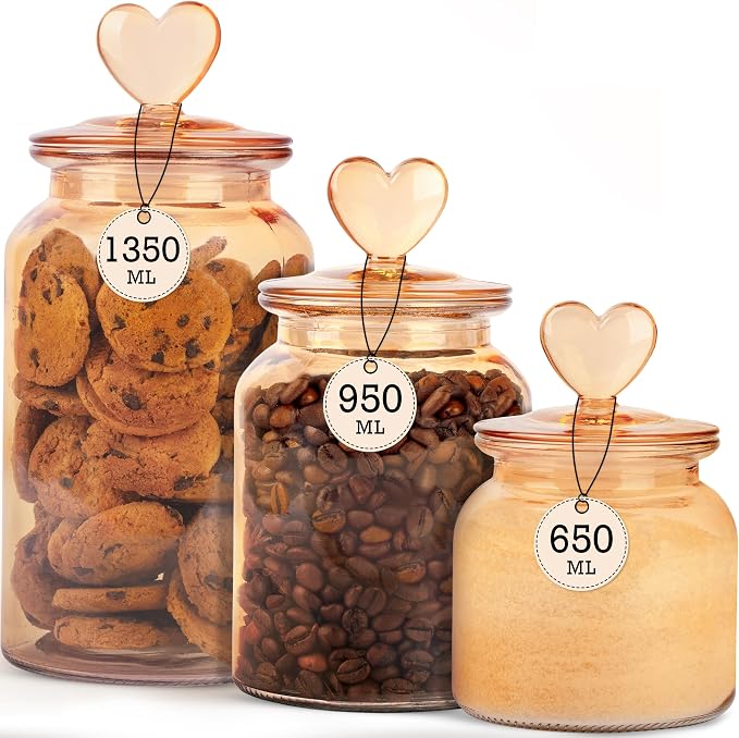 Set of 3 Elegant Amber Glass Jars with Lids