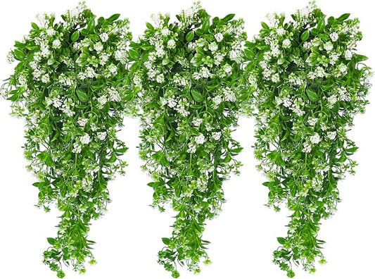 SJL Artificial Hanging Plants Fake Vine Faux Greenery Outdoor UV Resistant Plastic Plants Artificial Plant Outdoors Fake Hanging Vine for Indoor Outdoor Home Garden Wedding Party Decor (White)