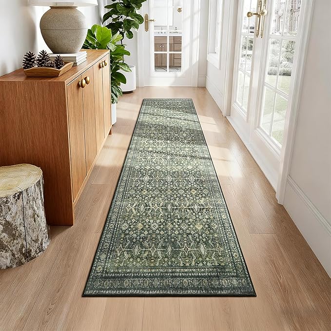 Lofus 2'6"x10' Area Rug for Hallways,Green Washable Runner Rugs with Non Slip Rubber Backing, Low Pile Soft Carpet Runner for Kitchen Bathroom Bedroom Laundry