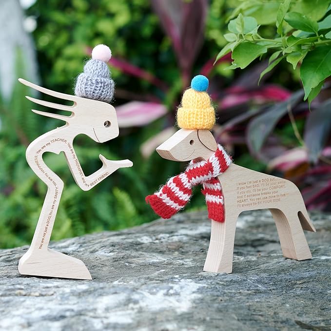 Wooden Woman and Dog Figurines Home Decor for Living Room (Large Size)