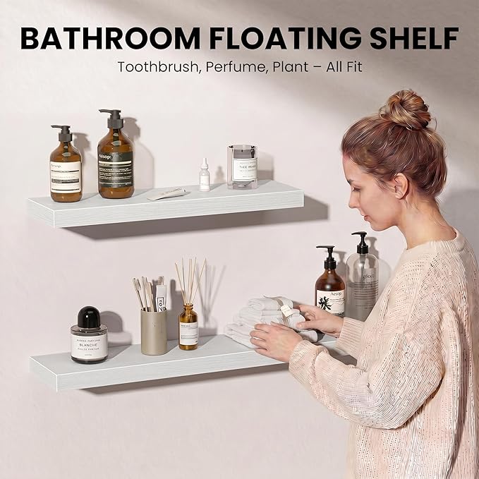 Fun Memories Floating Shelves for Wall, 24 Inch Set of 2 Rustic Wood Wall Shelves with Invisible Brackets, Heavy Duty Storage Display for Living Room Bedroom Kitchen, White
