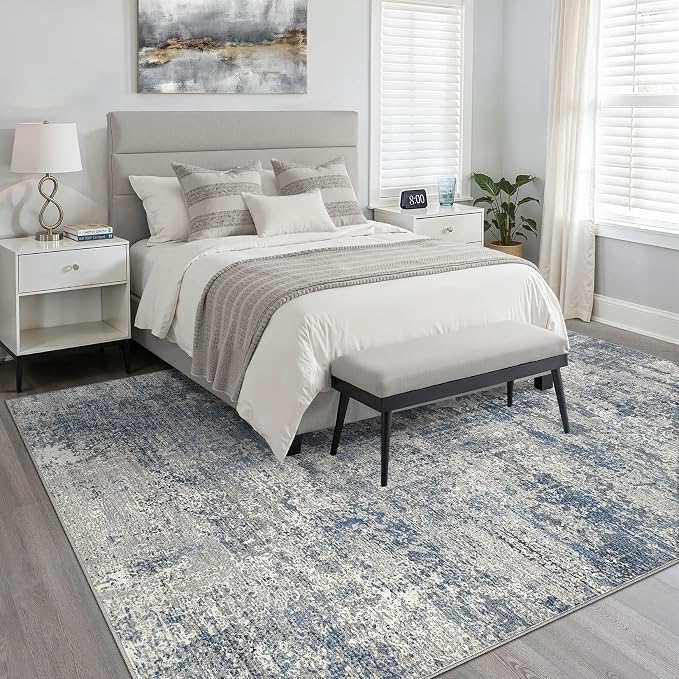 5x7 Area Rugs Living Room: Washable Large Neutral Rug Abstract Soft Modern Stain Resistant Indoor Floor Non-Slip Carpet for Bedroom Nursery Kids Office Playroom Dining Room Under Table- Blue Gray