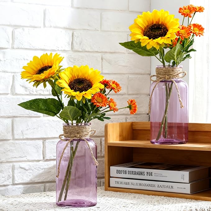 Vintage Glass Flower Vase, Farmhouse Glass Centerpiece Vases Mason Jars for Weddings, Parties & Home Decor Bulk (12, Purple)