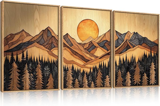 Boho Mountain Framed Canvas Wall Art Set, Vintage Pine Tree Wall Decor, Nature Forest Landscape Art Prints,Brown Woodcut Style Artwork for Living Room, Bedroom, Office-16''x24''x3