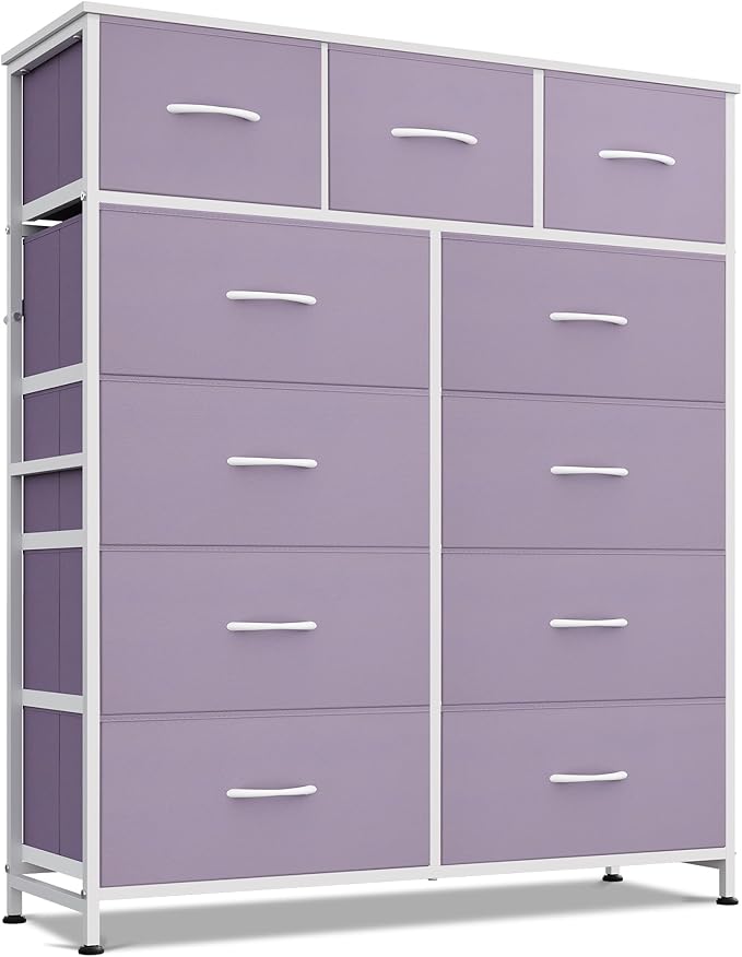 WLIVE Storage Organizer Unit with 11 Fabric Bins, Storage Drawers Organizer with Steel Frame, Tall Storage Tower Organizaton for Living Room, Hallway, Office, Purple