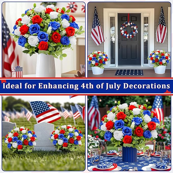 4 Bouquets Artificial Memorial Flowers, Outdoor Grave Decorations, UV Resistant Realistic Fake Silk Roses Patriotic Cemetery Flowers for 4th of July Independence Day Decor Home(Red,White,Blue)