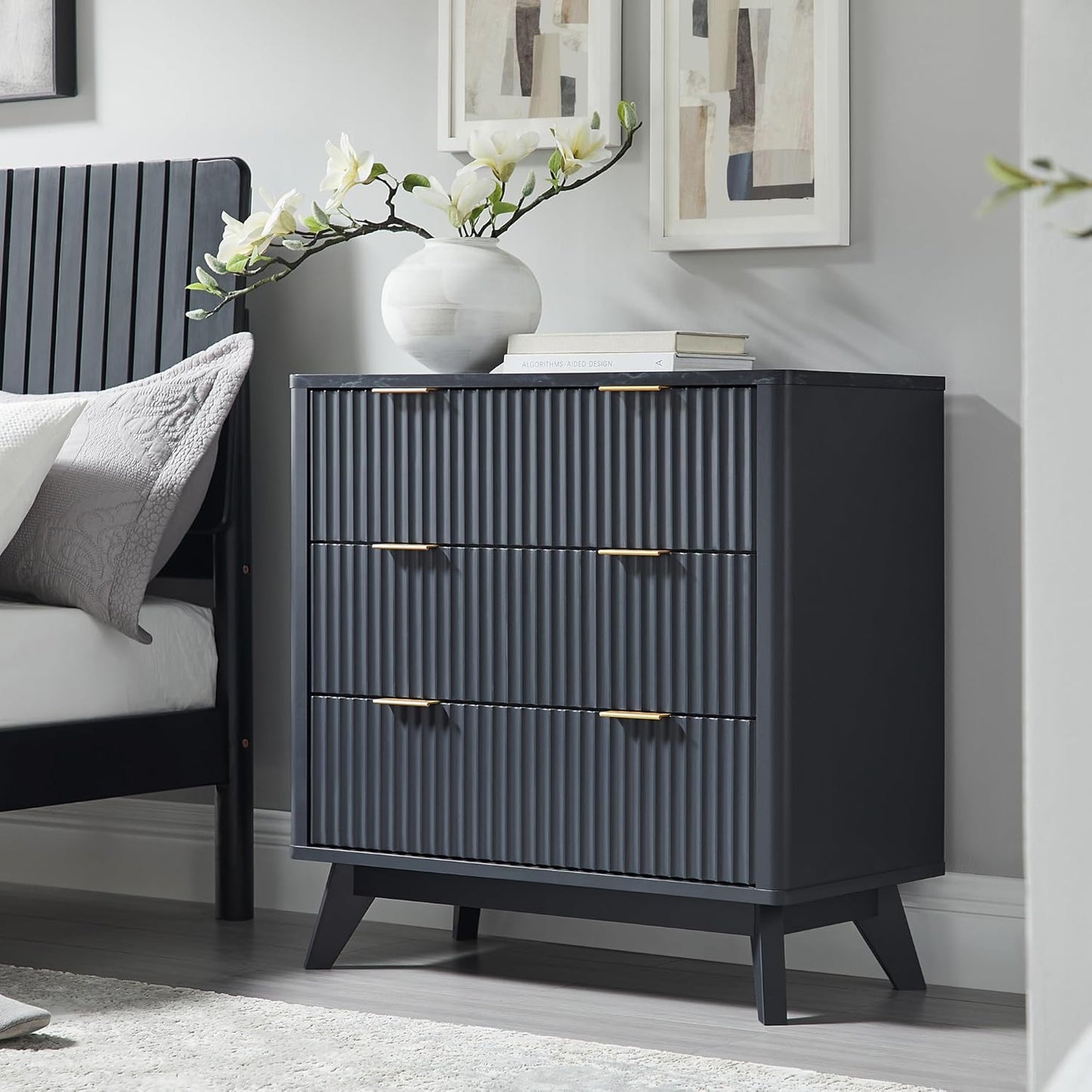 T4TREAM 32" Tall Fluted Nightstand, Modern Side Table with Faux Marble Top, 3 Drawers End Table w/Storage, Bedside Table for Bedroom, Living Room, Curved Profile Design, Dark Grey