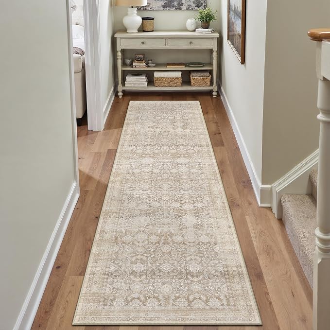 3x8 Beige Washable Neutral Runner Rug for Living Room Floral Non Slip Low Pile Runner Indoor Vintage Traditional Stain Resistant Distressed Carpet Kitchen Bedroom Dining Room Hallway Bathroom