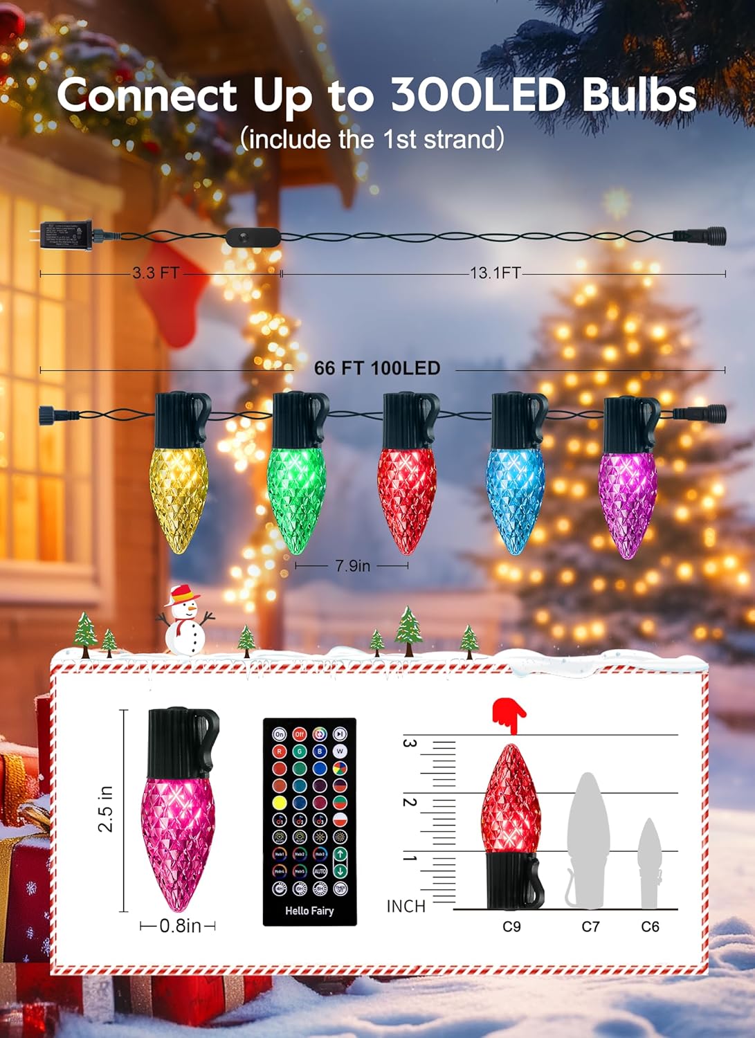 Brightown Smart C9 Christmas Lights Outdoor, 100 LED Christmas Color Changing Fairy Lights App Control, Music Sync, RGB, Shatterproof Connectable C9 String Lights for Tree House Indoor Xmas Decor