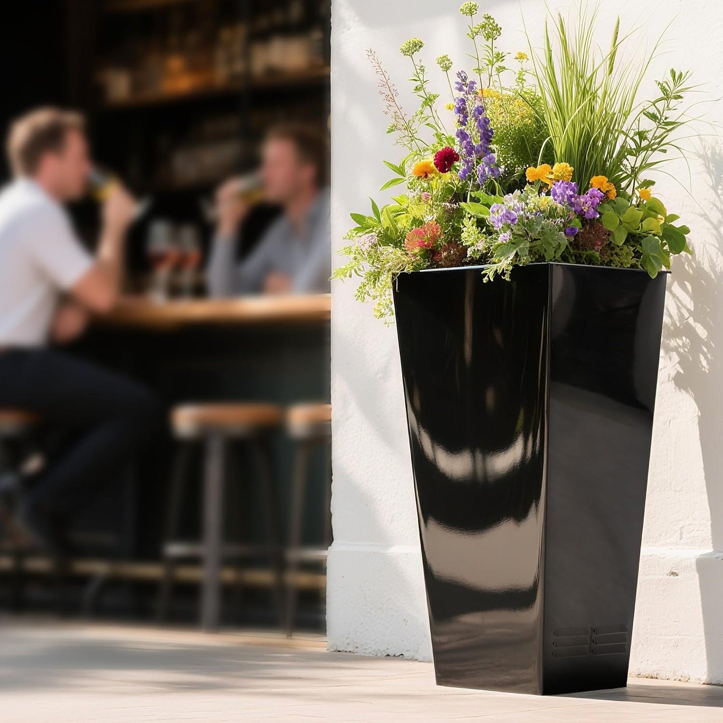 Worth Garden 28" H. Large Metal Glazed Planter Set of 2, Modern Glossy Finish Black Tall Square Tapered Steel Flower Plant Pots for Indoor & Outdoor Use - Insert Plate with Drain Holes, Air Vents