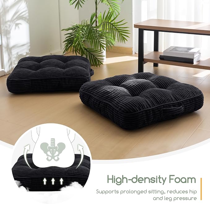 HIGOGOGO Floor Pillow Cushion for Adults, Meditation Cushion Pillow, Large Square Floor Sitting, Tufted Corduroy Cover, for Tatami Living Room or Yoga, 22x22 Inch, 2Pack, Black