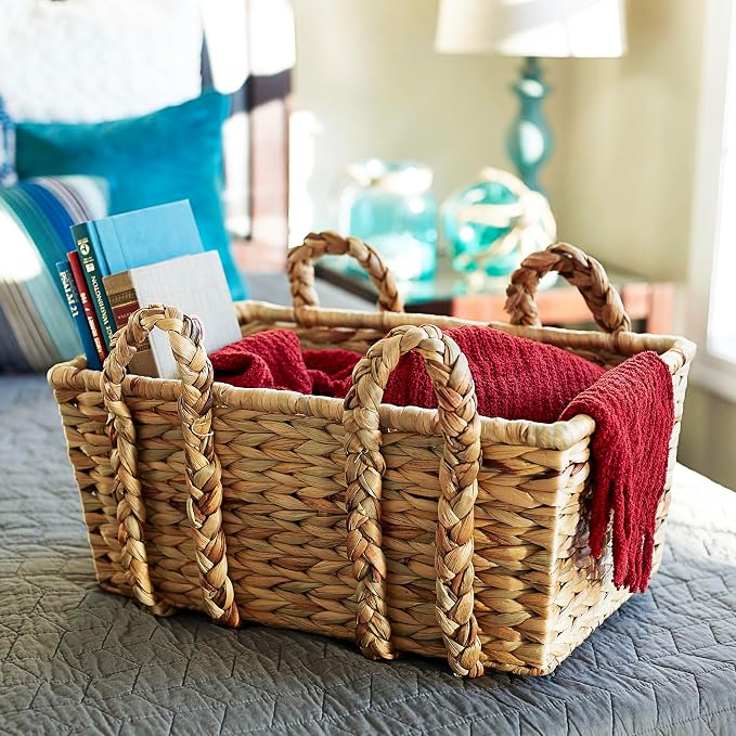 Household Essentials Large Rectangular Floor Storage Basket with Braided Handles, Light Brown