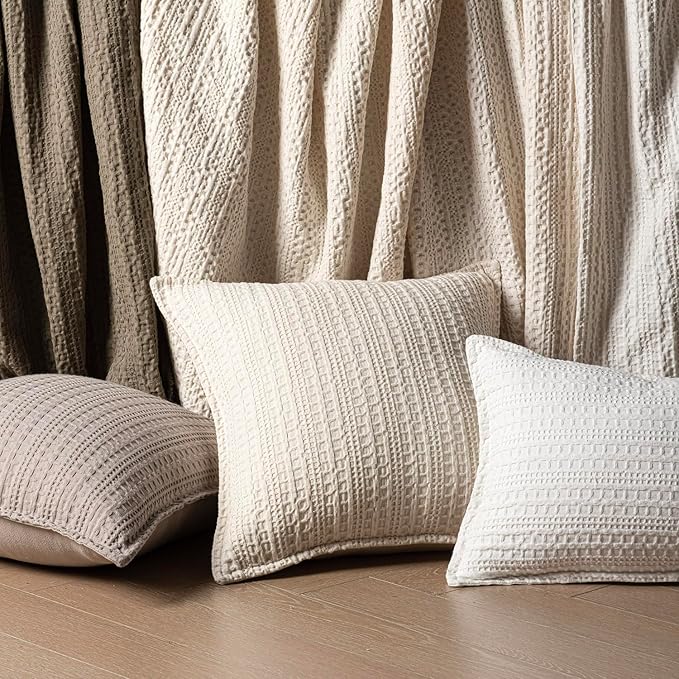 Foindtower Set of 2 Decorative Cotton Waffle Weave Throw Pillow Covers Euro Shams Cushion Covers Accent European Pillowcase for Bed Couch Sofa Bedroom Living Room Home Decor 22×22 Inch Natural Beige