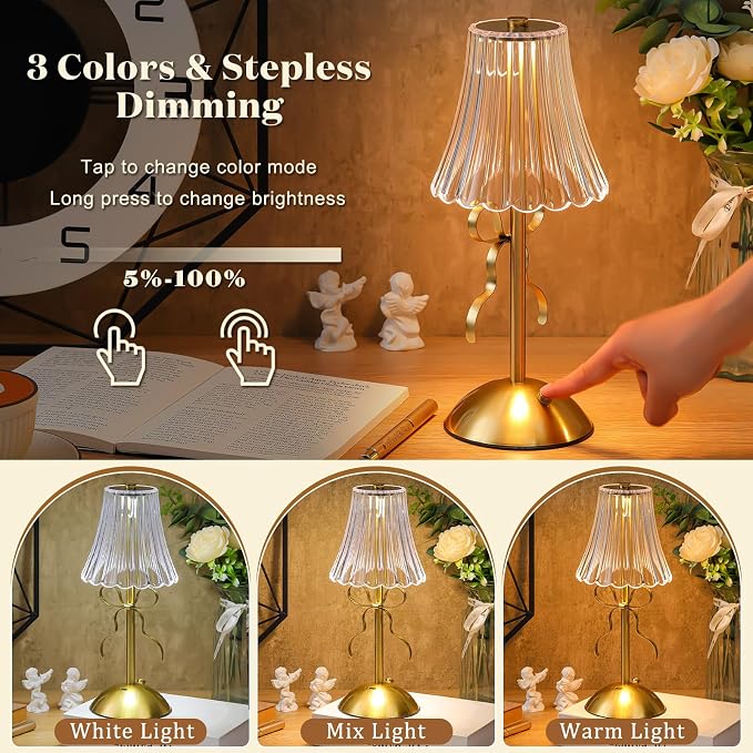 Liliful 2 Pcs Cordless Table Lamp Rechargeable Touch LED Small Gold Portable Battery Operated USB-c Desk Lamp 3 Color Dimmable for Bedroom Living Room Dining (Gold,Bow Rose Style)