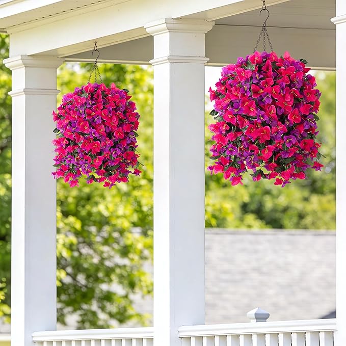 3 pcs Fake Bougainvillea Artificial Hanging Flowers Basket for Outdoors Decoration Faux Hanging Flowers Plants for Outdoor Planters Silk Bougainvillea Vines for Front Door Porch Patio Garden