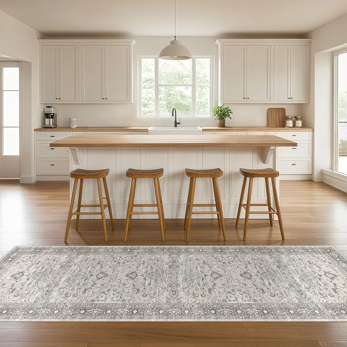 Runner Rug Kitchen Washable Rugs: 3x10 Non-Slip Boho Soft Vintage Stain Resistant Indoor Floor Neutral Farmhouse Throw Carpet for Hallway Bathroom Laundry Room Entryway Bedroom- Taupe