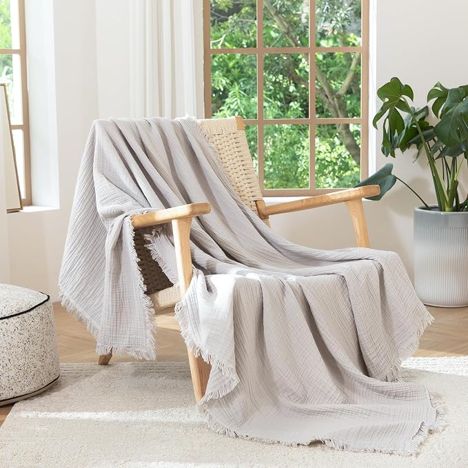 MooMee Muslin Blanket - 100% Cotton 4-Layer Gauze Throw Blanket with All-Around Fringe, Soft Breathable Lightweight Cooling Summer Blankets for Bed Couch (Light Grey,Super King 108" x 98")
