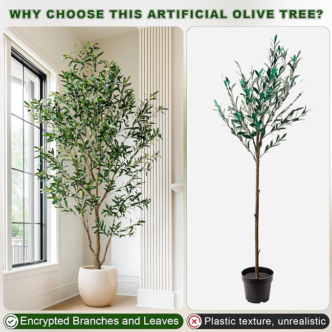 7FT Artificial Olive Tree with Realistic Leaves & Natural Trunk, Faux Silk Olive Plant in White Planter, Tall Fake Tree for Modern Home Office Living Room Entryway Corner Decor, Maintenance Free