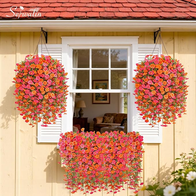 Serwalin Artificial Hanging Flowers for Outdoors UV Resistant, 8PCS Faux Morning Glory Fake Outdoor Flowers Realistic Silk Flower Faux Plants for Outside Planter Front Door Porch Patio Yard Decor