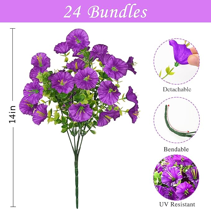 Waipfaru 24 Bundles Artificial Flowers for Outdoors Faux Plants Outdoor, UV Resistant Artificial Plants Outdoor, Silk Petunias Fake Flowers for Outside Home Decor Planter Porch Decoration, Purple