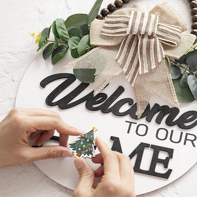 Welcome Sign for Front Door Wreath Decorations for All Seasons Front Porch Decor Hanging Gift for Farmhuose Home Outdoor Indoor (White A)