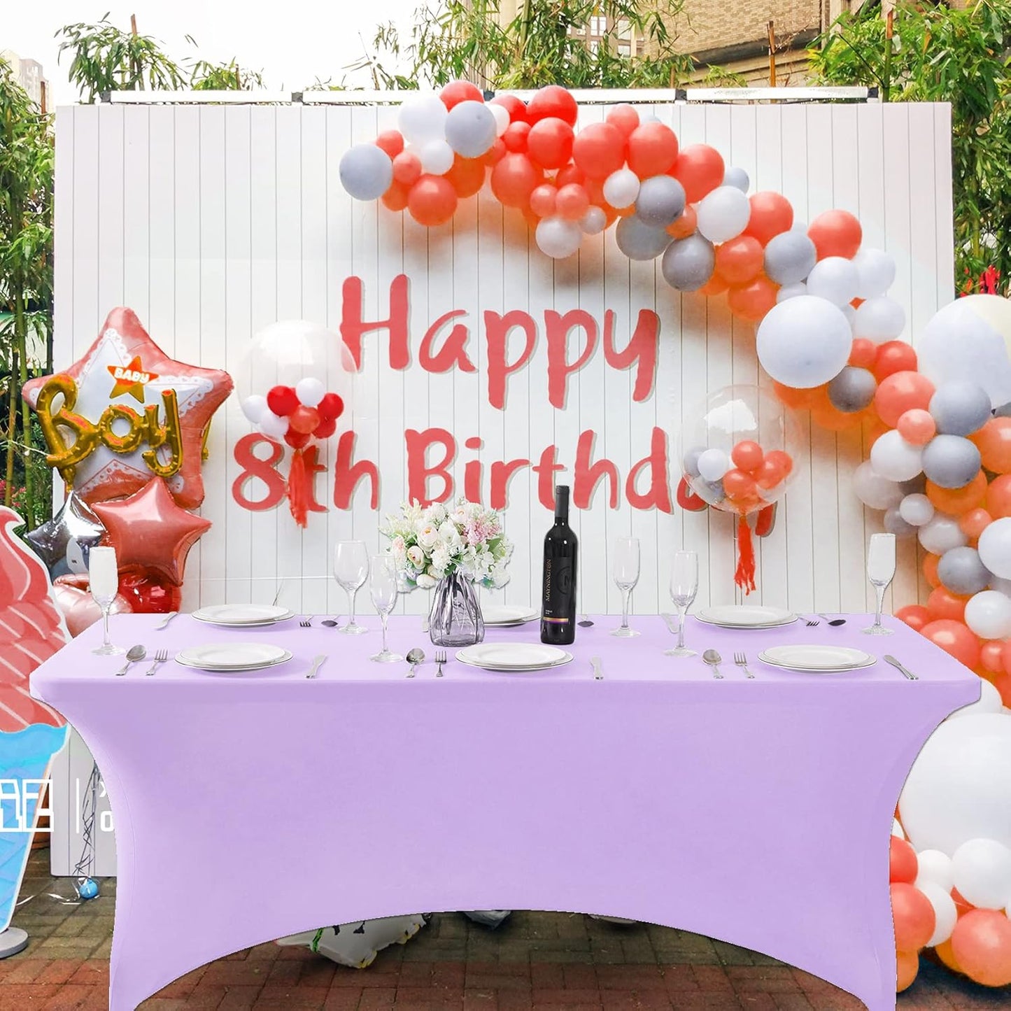 SuperO Waterproof Spandex Table Cover for 8FT Table Universal Fitted Stretch Tablecloth for Party, Banquet, Wedding and Events-Lavender