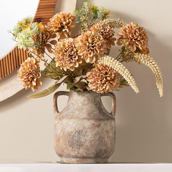 Mitt&Ditt Ceramic Flower Vase, Farmhouse Rustic Vase, Handcrafted Weathered Pottery Vases, Terracotta Vases for Home Decor, Living Room, Table, Shelf
