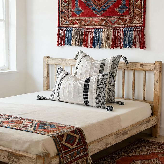 DEZENE Boho Lumbar Pillow Cover 12x20 Navy Blue - Handmade Woven Textured Throw Pillow Case with Cordings & Tassels, Decorative Accent for Couch Sofa Bed Farmhouse Living Room Bedroom Home Decor