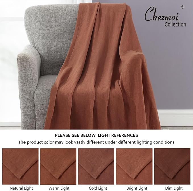 Chezmoi Collection Brussels Belgian Flax Linen Throw Blanket, 50" x 70" - Pre-Washed Super Soft Lightweight Breathable Summer Blanket Sedona Red Color for Living Room Couch & Bed
