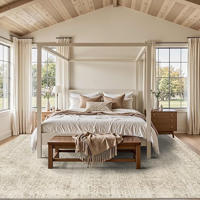 Rugxara 8x10 Area Rugs for Living Room Bedroom, Beige Large Washable Neutral Rug, Vintage Floral Retro Boho Non Slip & Low Pile Carpet for Indoor Dining Room, Classroom, Dorm, Nursery and Kids Room