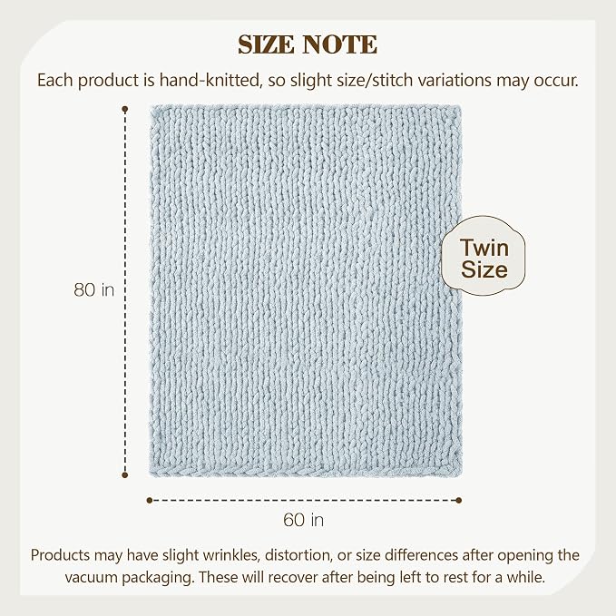 Carriediosa Chunky Knit Throw Blanket 60" X 80" Twin, 100% Hand Made Large Chenille Loop Yarn Soft Fluffy Throws for Couch Sofa Bed, Big Crochet Cozy Heavy Thick Cable Woven Blanket, Light Blue