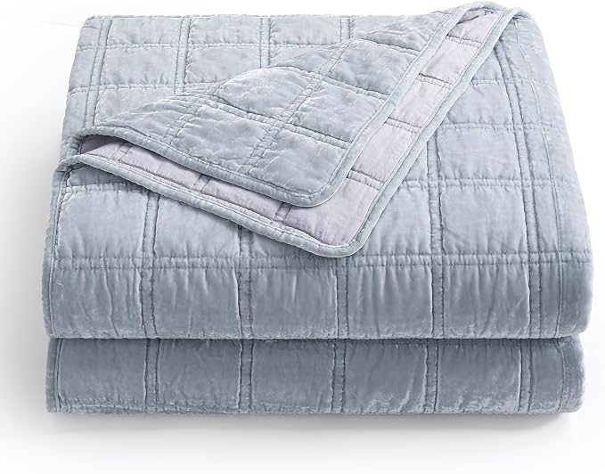 HiEnd Accent Stella Faux Silk Velvet Double Box Stitch 3 Piece Quilt Set, Full Queen Size, Light Blue Solid Color, Classic Chic Modern Rustic Elegant Bedding Set, Lightweight Bed Set