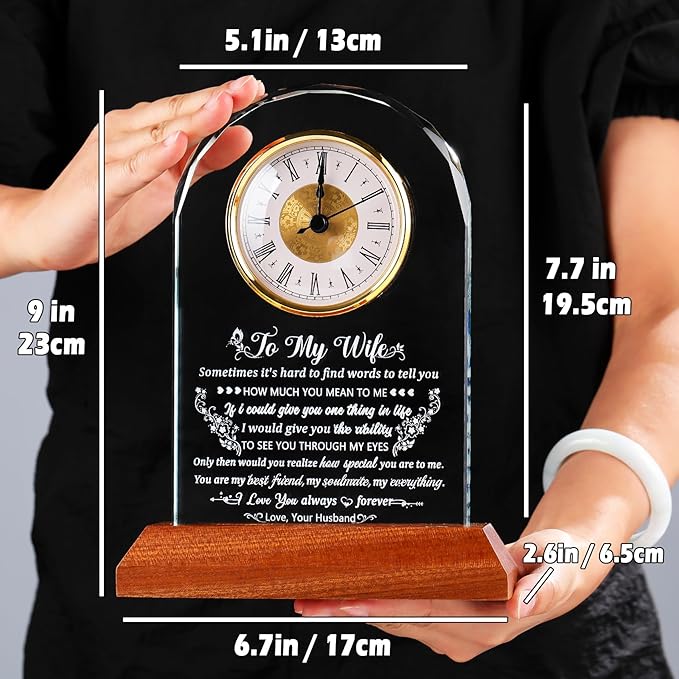 Arikyrist Glass Clock Gifts for Wife from Husband with Wooden Light Base, Personalized Gift for Wife Who Has Everything on Birthday Valentine's Day, Presents for Her on Christmas Home Desk Clock