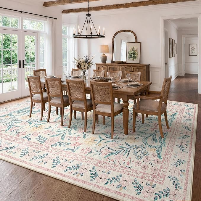 Wonnitar Machine Washable 10x14 Area Rugs, Large Living Room Rug Floral Pink and White Carpet, Boho Soft Ultra-Thin Foldable Carpets for Bedroom Dining Room Office