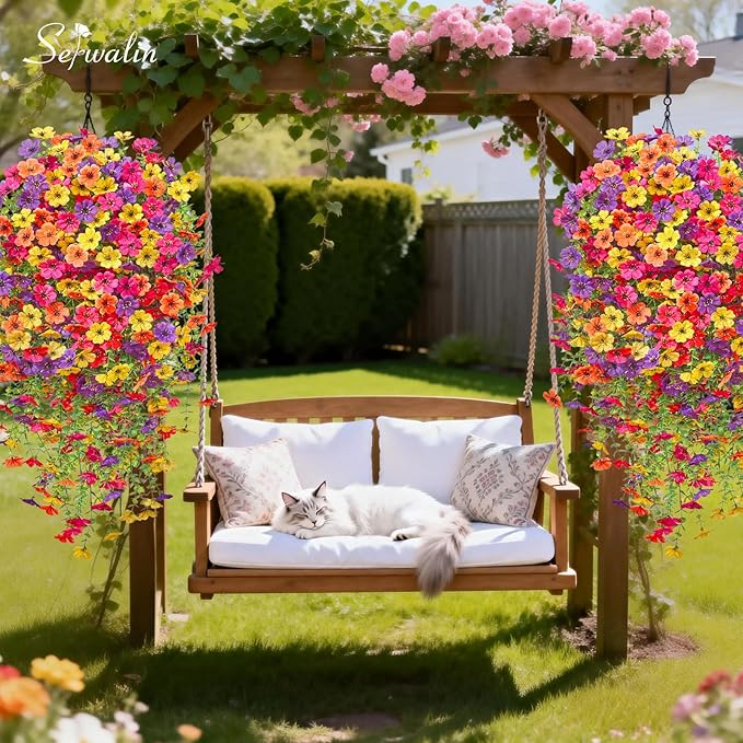 Serwalin 6PCS Artificial Hanging Flowers for Outdoors, UV Resistant Fake Hanging Plants, Realistic Weatherproof Outdoor Decor for Patio, Porch, Garden & Window (Yellow, Hot Pink, Purple &Orange,6PCS)