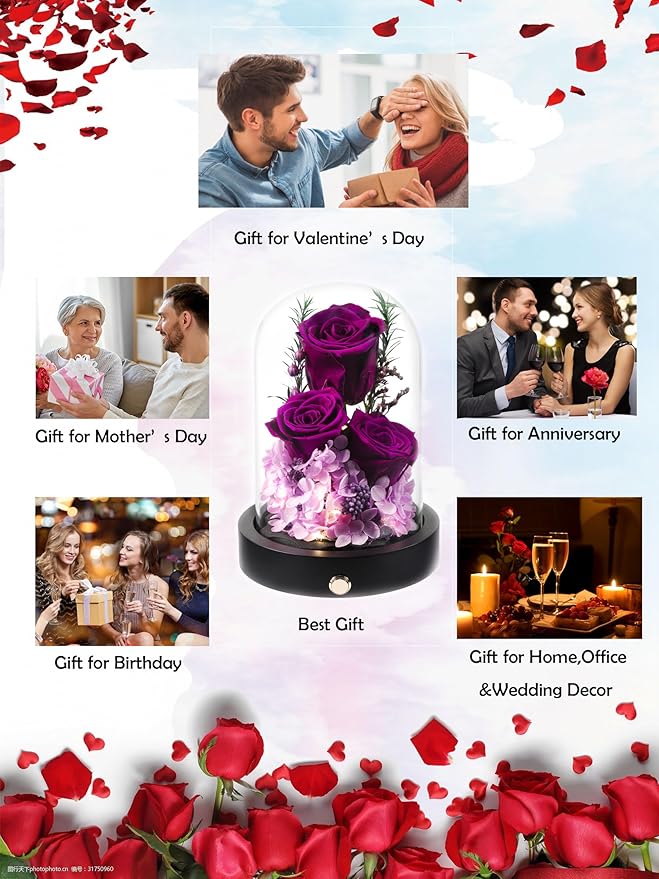 Flowers Gifts for Women, Preserved Roses in Glass Dome, Forever Flowers for Delivery Mothers Day Birthday Gifts for Mom Her Wife Girlfriend on Valentines Day Anniversary Purple
