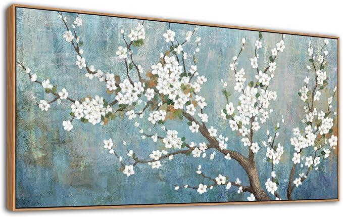 yearainn Framed Floral Tree Wall Art – White Flowers Green Leaves Branches Picture, Vintage Blue-Turquoise Background, Watercolor Artwork for Home Decor, Ready to Hang, Natural Wood Frame, 24" x 48"