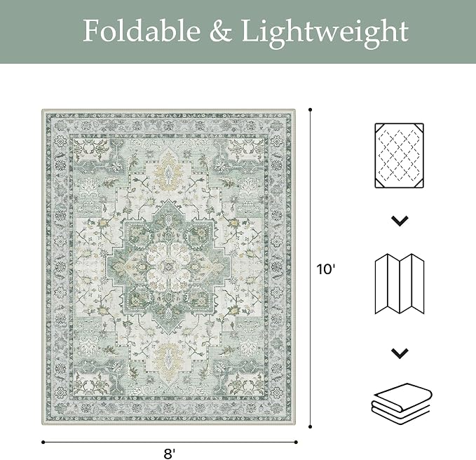 GENIMO Outdoor & Indoor Area Rug 8'x10', Waterproof, Non-Shedding, Easy Cleaning, Boho Mat for Patio, Living Room, Balcony, Dining Room, RV, Deck, Bedroom, Camping, Outside Carpet,Light Green
