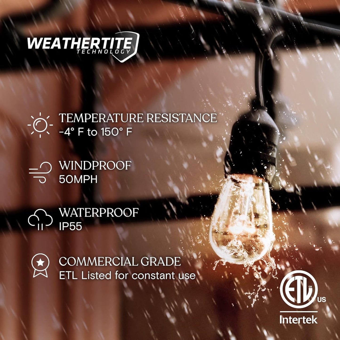 Brightech Ambience Pro Incandescent Outdoor String Lights - Commercial Grade Waterproof Patio Lights with 48 Ft Dimmable Edison Bulbs, Porch String Lights for Patio, Backyard - 15 Bulbs 11W