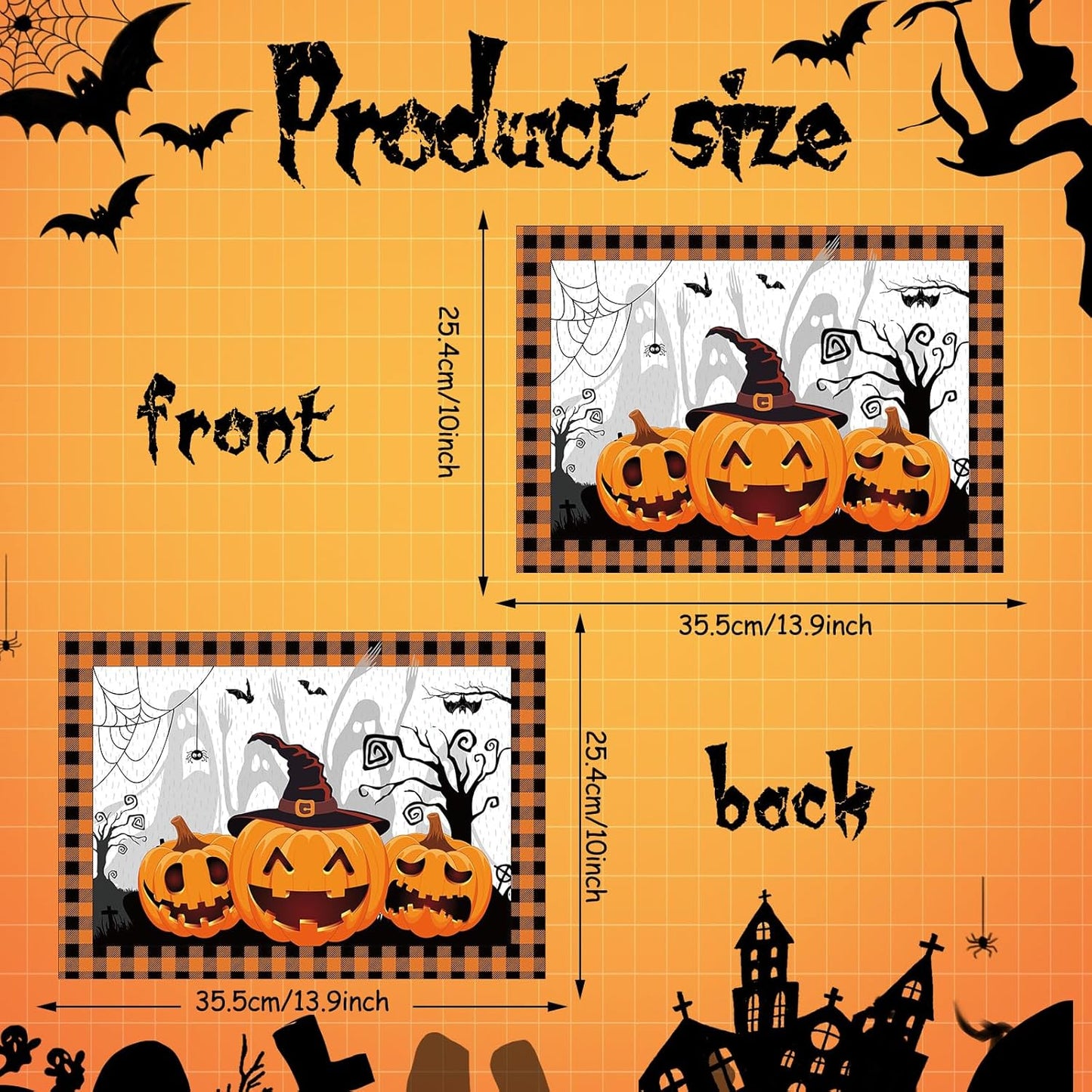 Honoson 100 Pieces Halloween Placemats Happy Halloween Fall Pumpkin Placemats Paper Halloween Place Mats Spooky Ghost Buffalo Plaid Kitchen Mat Double Sided Dinner Table Mats, 14 x 10 Inch